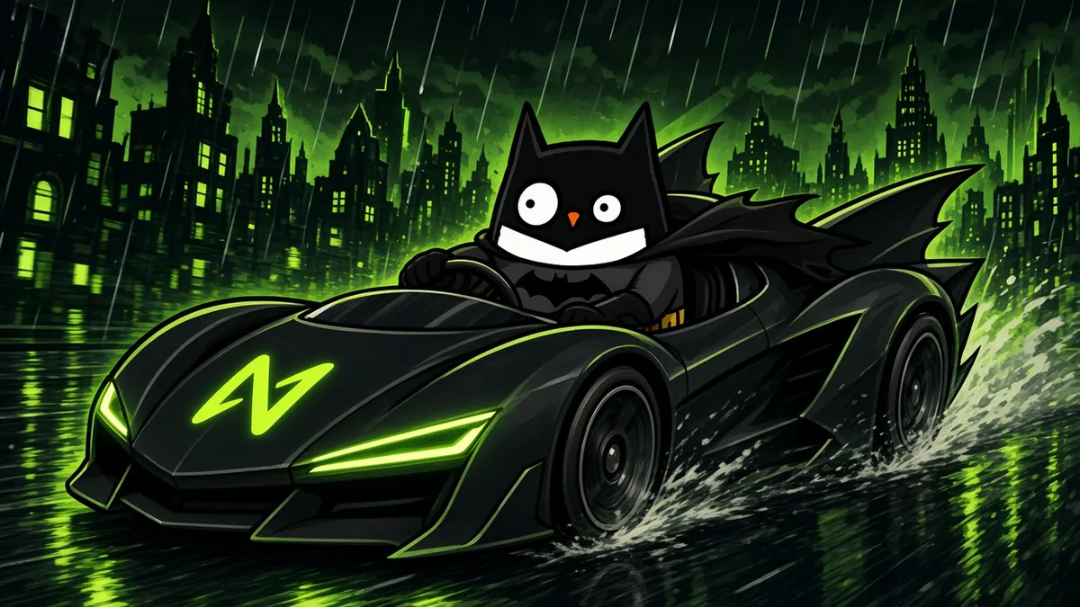 The Hootmobile, a black sports car with a glowing NEAR logo, speeding through Gotham rain