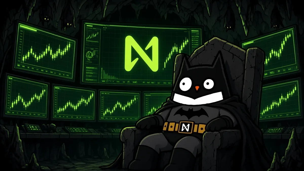 BatHoot in the Batcave in front of glowing NEAR monitors