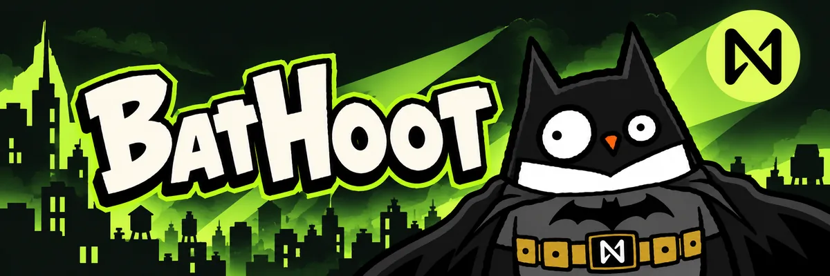 BatHoot banner: the BatHoot wordmark, the caped owl and a lime Gotham skyline
